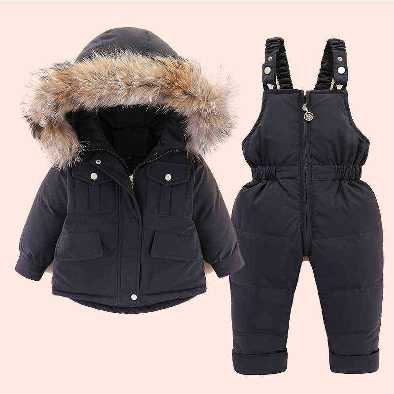 2 Pieces Set Baby Girl Winter Down Jacket And Jumpsuit For Children Thicker Warm Fur Collar Jacket For Girls Baby snowsuit 0-4Year J220718