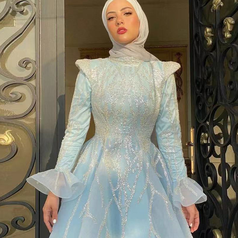 sky Blue Muslim Prom Dresses High Collar Long Sleeve Beading Arabic Dubai Evening Party Gowns Organza Formal Wear