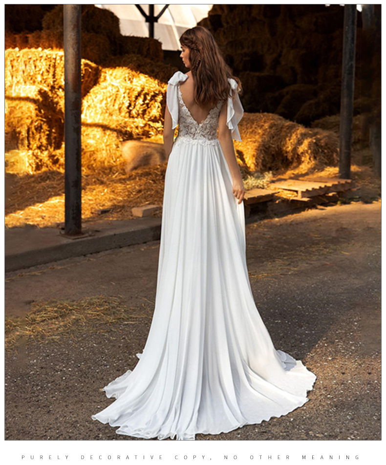 Chic Boho A Line Wedding Dress 2022 Civil V Neck Cap Sleeve Chiffon Beach Bohemian Wedding Dresses With Slit Backless Bride Robe De Mariage Women Vest