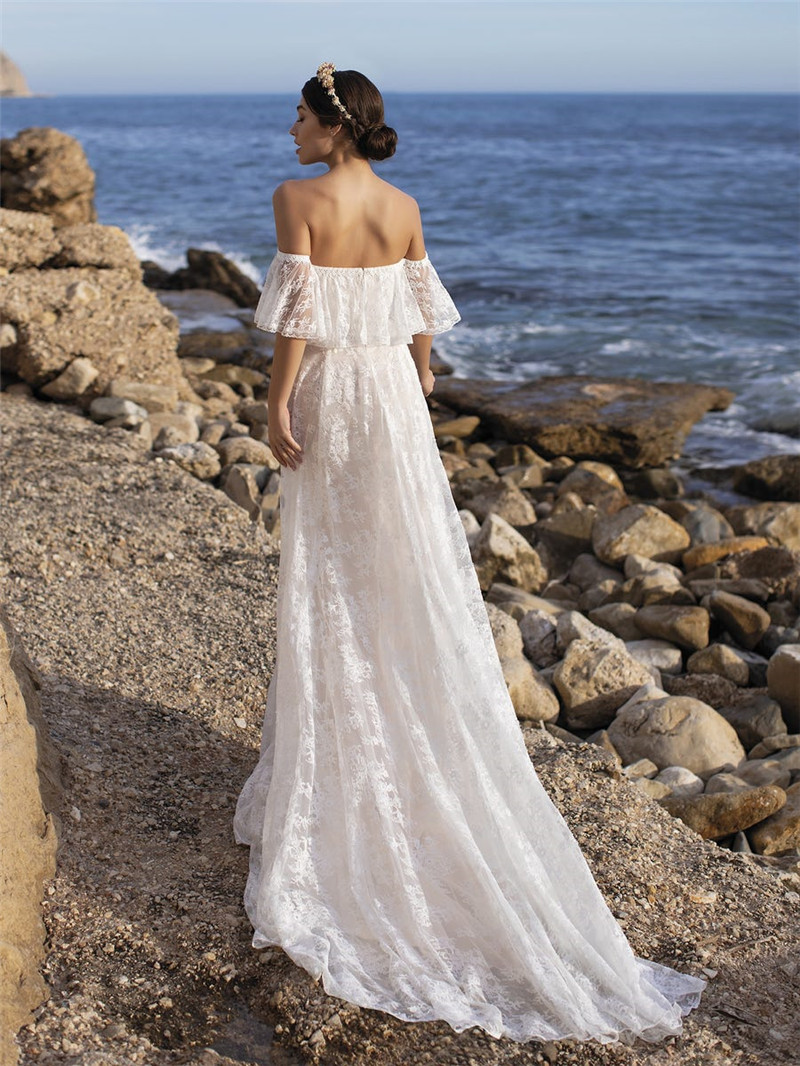 Boho Off The Shoulder Wedding Dress 2022 Ruffles Lace Appliques Beach Bride Gown Robe De Mariage Bohemian Vestido De Novia
