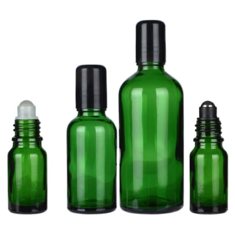 Empty Packing Green Glass Bottle Black Screw Lid Essential Oil Steel Roller Vials Portable Refillable Cosmetic Packing Container 5ml 10ml 15ml 20ml 30