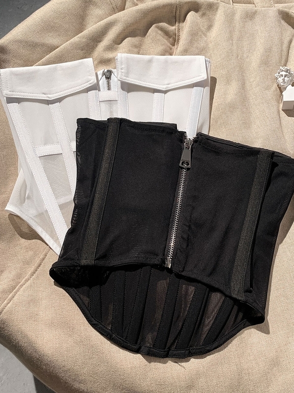 GetSpring Women Crop Tops Zipper Lace Corset Fishbone Tank Sexy Backless Strapless High Waist Summer Fashion 220316