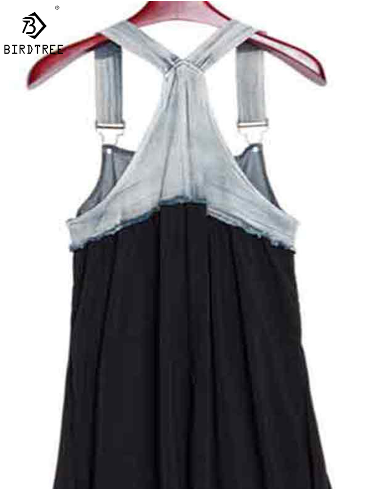 Summer Women Plus Size Square Collar Elegant Pocket Patchwork Strap Loose Casual Chiffon Jeans Black Dresses D93227X 220510