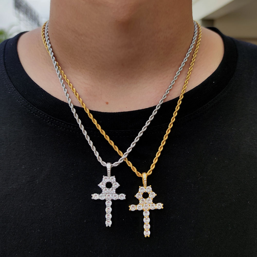 Hip Hop Cross Key Pendant Necklace Jewelry Bling Diamond Stone 18k Real Gold Plated Jewelry