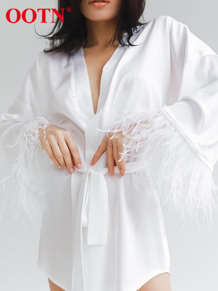 OOTN Feathers Spliced Satin Dress Belt Sexy Robe Party Night Silky Dresses Women Long Sleeve Summer Soft Cozy Home Black Dress 220511