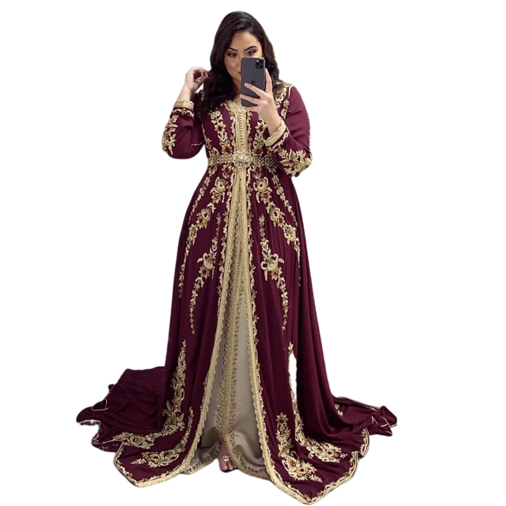 Moroccan Caftan Evening Dresses Burgundy Embroidery Beading muslim arabic prom Party Wear Formal Gowns Kaftan Dress robe de soiree