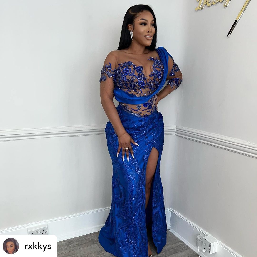 2022 Plus Size Arabic Aso Ebi Royal Blue Mermaid Prom Dresses Lace Beaded Evening Formal Party Second Reception Birthday Engagement Bridesmaid Gowns D