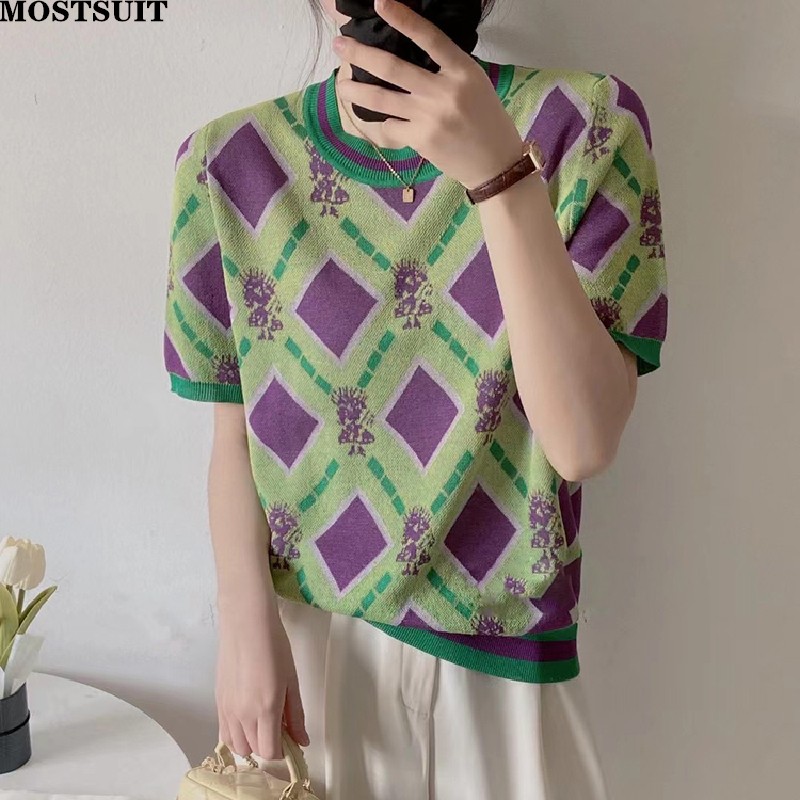 Summer Vintage Korean Plaid Sweater T Shirt Women Elegant Fashion Ladies Short Sleeve Pullover Top Casual Female Woman Tops, Pink
Summer Vintage Korean Plaid Sweater T Shirt Women Elegant Fashion Ladies Short Sleeve Pullover Top Casual Female Woman Tops, Pink