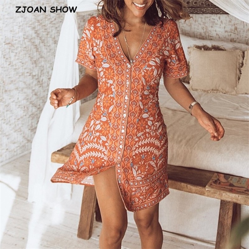 Vintage V neck White orchid Flower Short Dress Single-breasted Button Slim Fit Women Short sleeve Tea Dress Vestido 220511