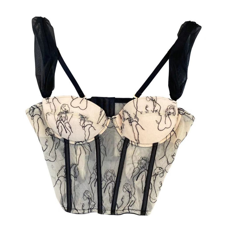 DEAT Summer Arrivals Sleeveless Mesh Strap Embroidery Fashion Temperament Fish Bone Tank Tops Women Camisole ML507 220325