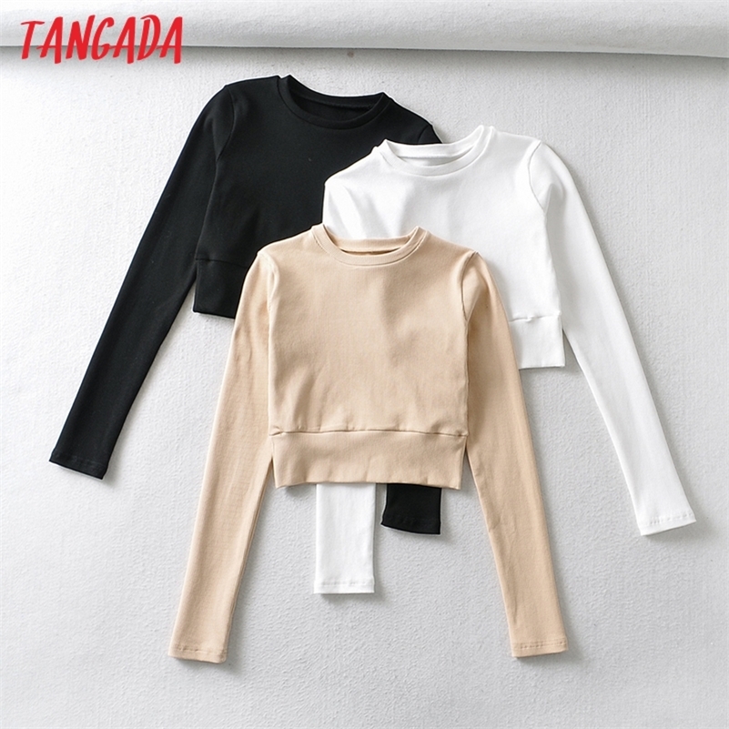 Tangada Women Basic Strethy Crop Cotton T Shirt Long Sleeve O Neck Tees Ladies Casual Tee Street Wear Top CH7 220321