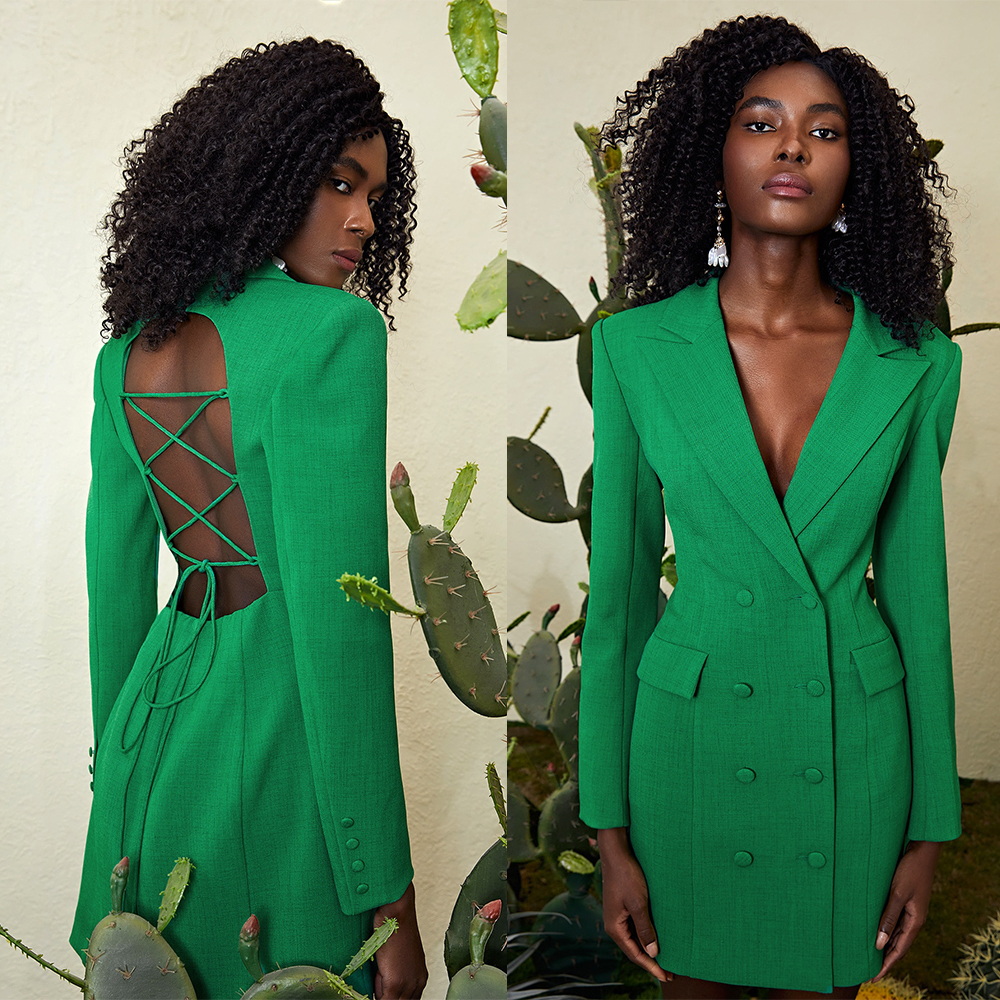 Green Double Breasted Women Suits Slim Long Jacket Sexy Hollow Back Ladies Prom Evening Guest Formal Wear Custom Made Blazer