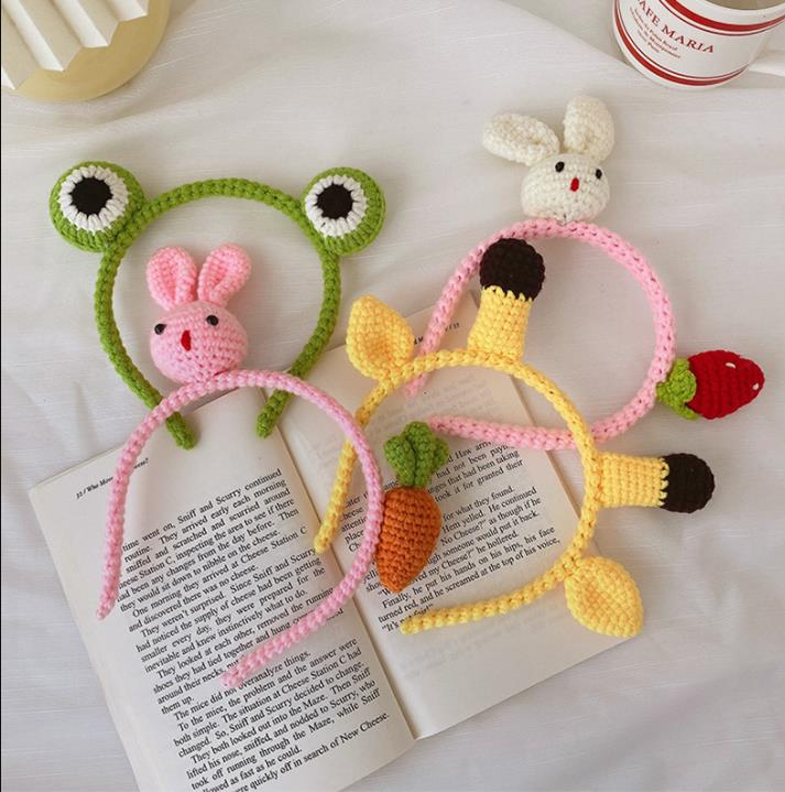 Knit Headband for Women Girl Cartoon Woolen Yarn Head Band Handmade Knitting Unique Hair Hoop Accessories Hairband Mouse Rabbit Fox Ear Frog Ladybug T
