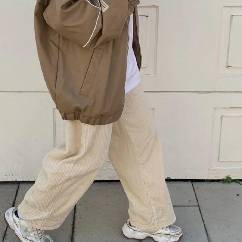 Brown Corduroy Pant High Waist Soft Girl Kawaii Korean Style Beige Wide Leg Plus Size Loose 220325