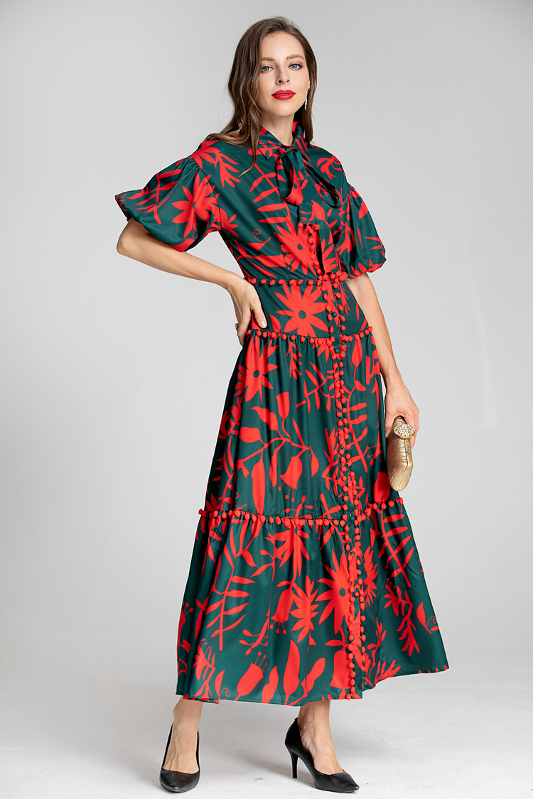 Women's Runway Dresses Turn Down Collar Short Sleeves Printed High Street Fashion Dress Vestidos