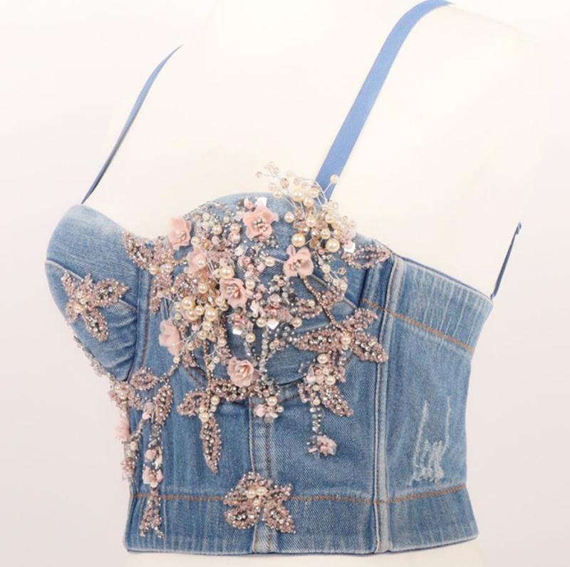 Flower beading Denim Jeans Scratched Women's Button Diamonds Ripped Push Up Bustier Night Club Party Crop Top Corset Camise 220316