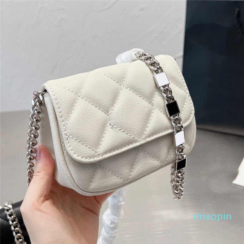 

22Ss Mini Flap Designer Bag Top Cow Leather Classic Quilted Check Silver Metal Letter Chain Shoulder Bag Black White Luxury Ladies Handbag, Box