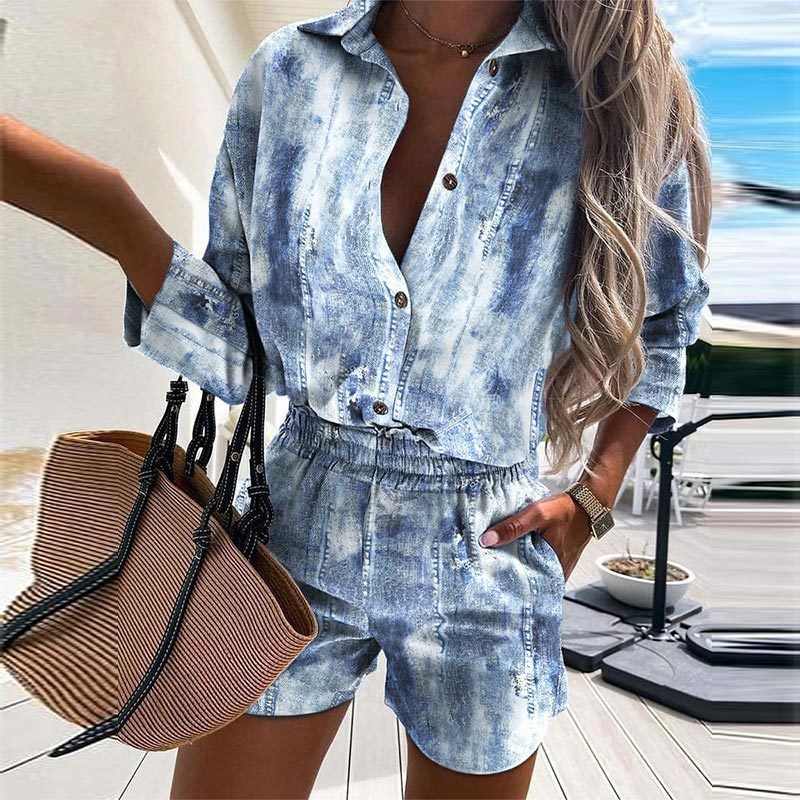 Women Leopard Print Two Piece Sets Summer Autumn Turn Down Collar Shirt Top Short Pant Suit Lady Casual Long Sleeve Outfit 220315