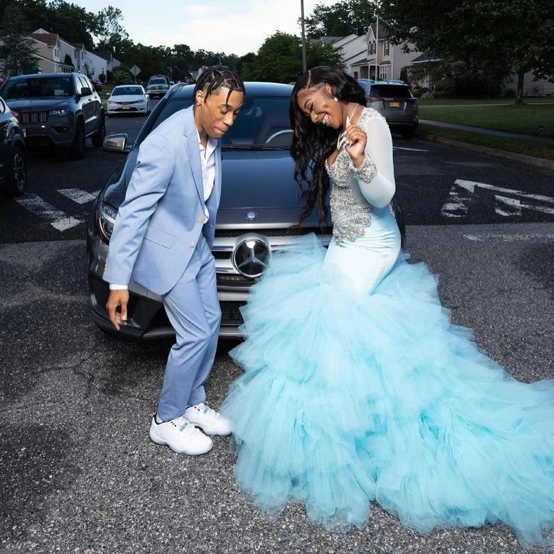 Mint Green Prom Dresses Aso Ebi Mermaid V-Neck Long Sleeves Applique Crystals Ruffles Tulle Plus Size Evening Engagement Second Gowns