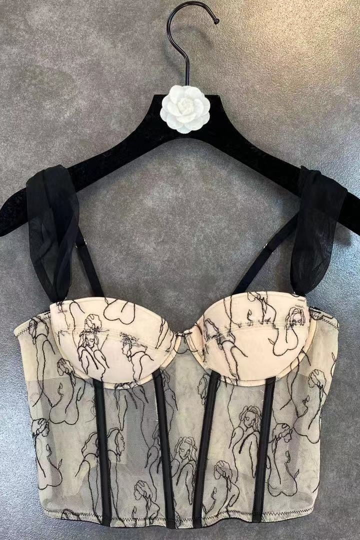 DEAT Summer Arrivals Sleeveless Mesh Strap Embroidery Fashion Temperament Fish Bone Tank Tops Women Camisole ML507 220325