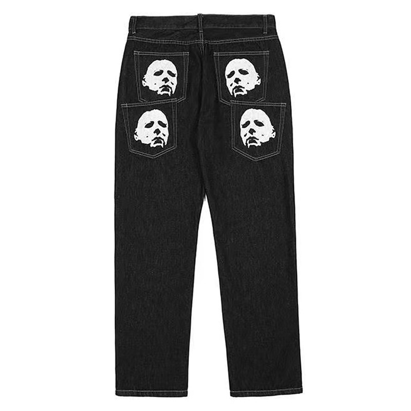 Emo Men Black Streetwear Hip Hop Skull Gothic Straight Wide Leg Cargo Pants Y2K Alt Harajuku Baggy Low Rise Jeans Clothes 220701