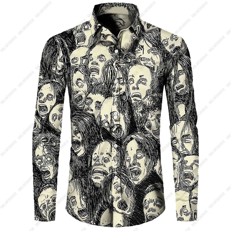Mr.Wonder Novelty 3D Men's Horror Anime Manga Shirt Cool s Casual Button Down Beach Long Sleeve Hawaiian Tops 220322
