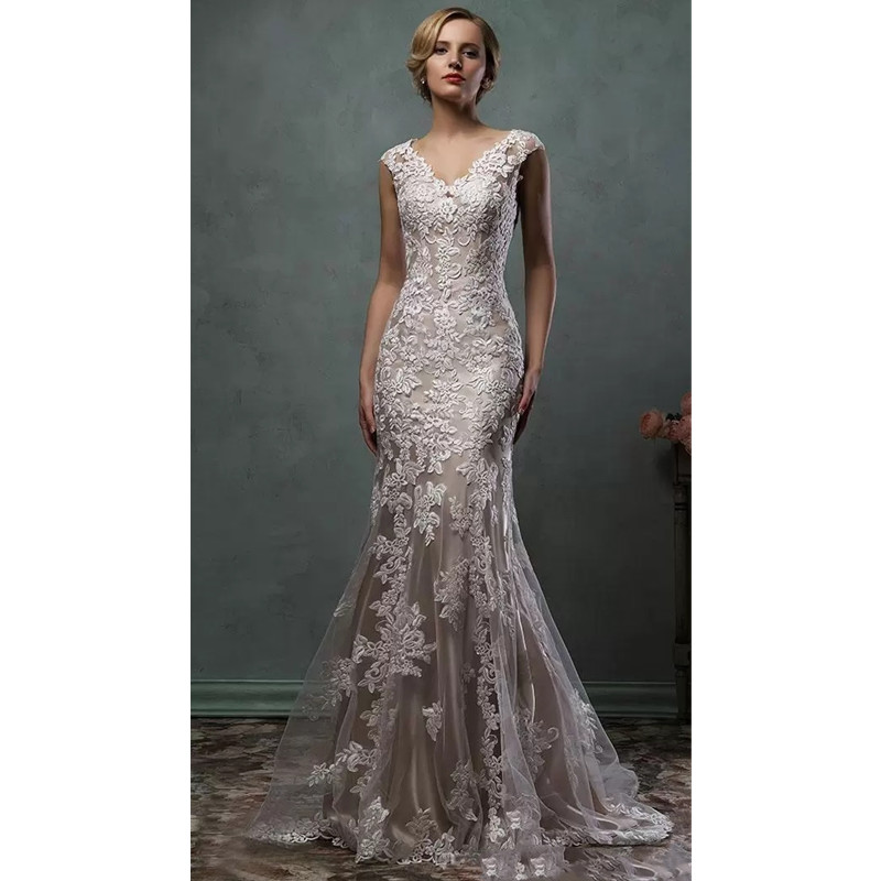 Vintage Amelia Sposa Full Lace Appliques Mermaid Wedding Dresses V-Neck Chapel Train Plus Size Bridal Party Gowns