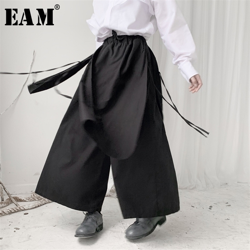 EAM High Elastic Waist Black Bandage Long Wide Leg Trousers Loose Fit Pants Women Fashion Spring Autumn 19A-a588 201228