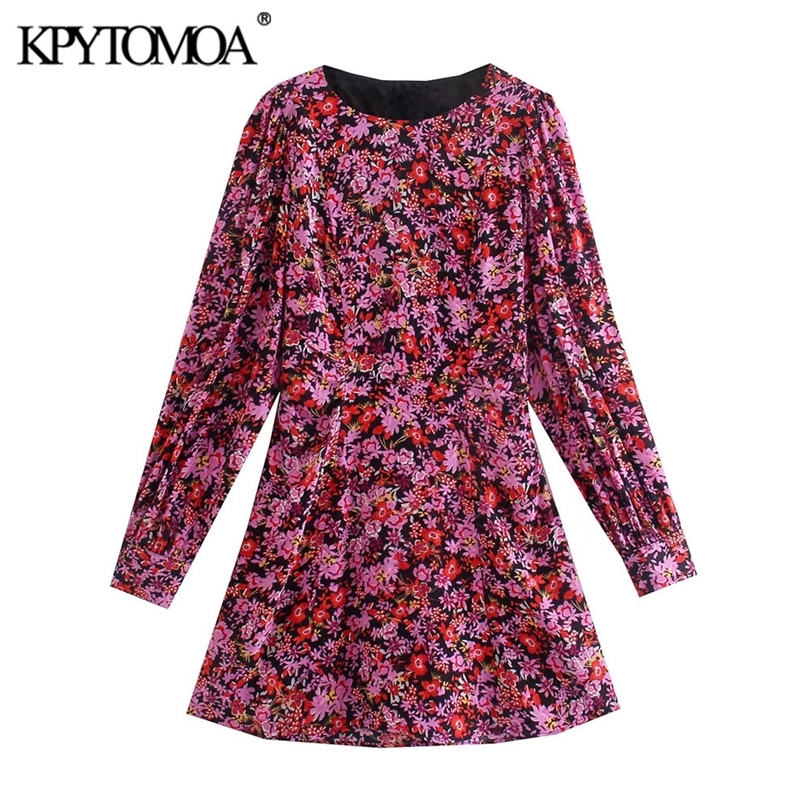 Women Fashion Floral Print Backless Mini Dress Vintage O Neck Long Sleeve Female Dresses Vestidos Mujer 220526