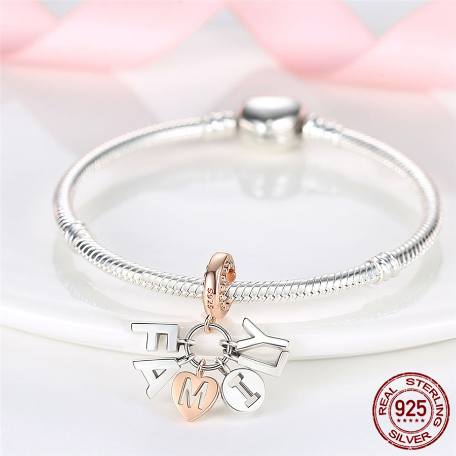 925 Sterling Silver Dangle Charm DIY Heart Shape Dangle Charms For Mom Son Daughter Sister Friend Bead Fit Charms Bracelet DIY Jewelry Accessories
