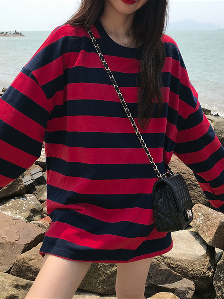 Streetwear Striped T Shirt Women Punk Oversize Gothic Vintage Long Sleeve s Couple Fashion Blouse Top 220714