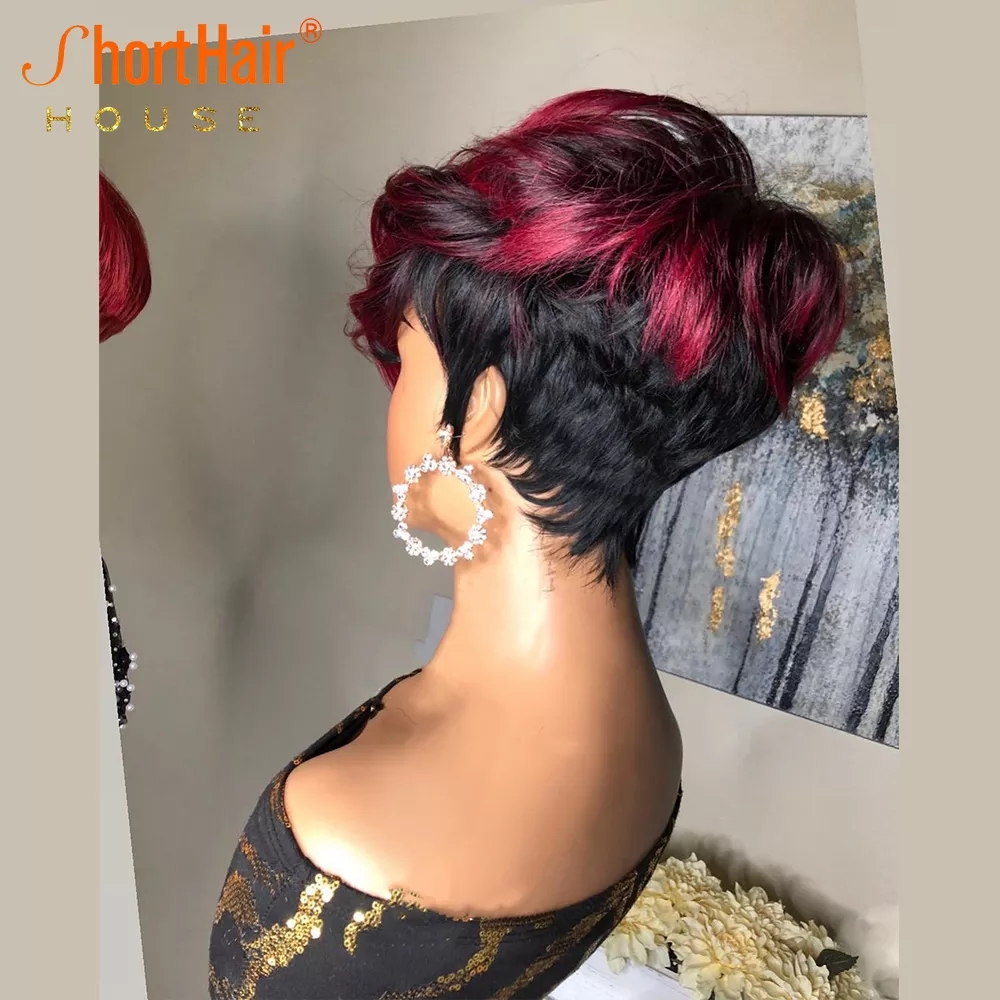 Ombre Red Color Short Bob Pixie Cut Wig Human Hair With Natural Bangs Brazilian Wigs For Women Cosplay Full Machine Made