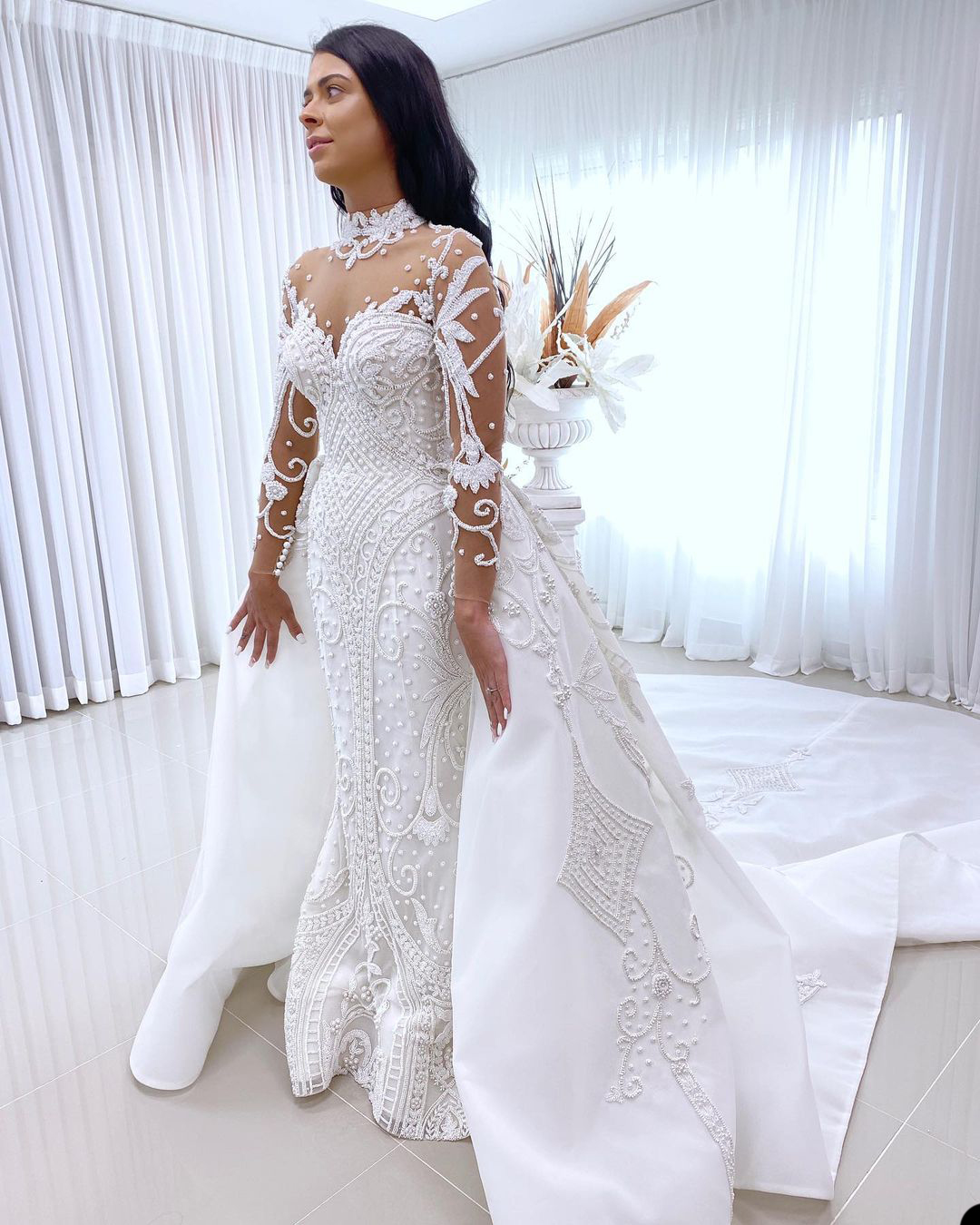 3D Floral Mermaid Wedding Dress 2022 Long Sleeve Sheer High Neck Sexy Backless Boho Dresses Bridal Gowns Robe De Mariage Vestido Novia