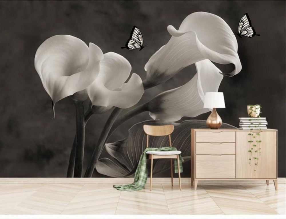 Customized wallpaper flowers lotus butterfly background wall high-grade waterproof material