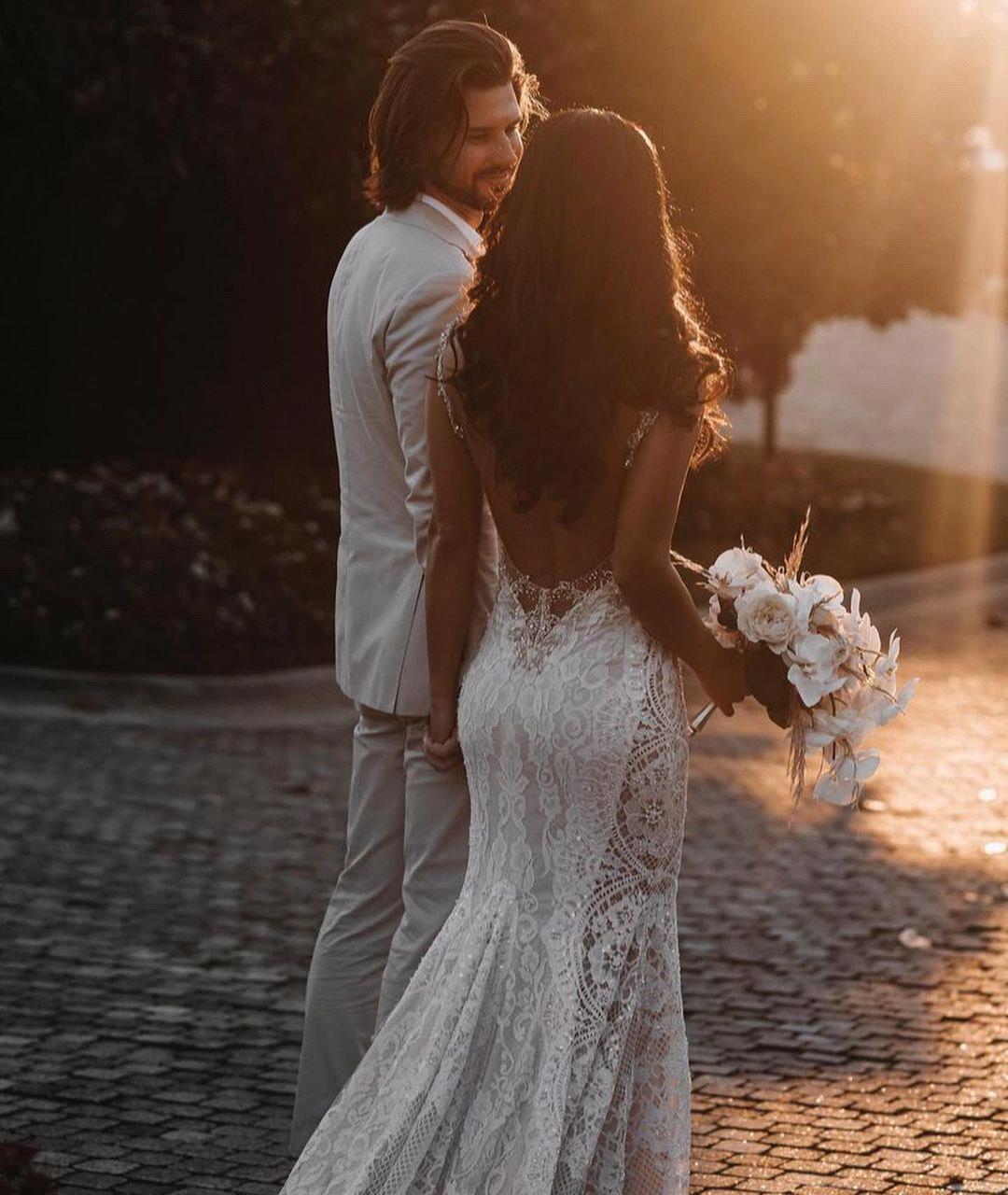 V Neck Lace Mermaid Dresses Illusion Beaded Backless Sweep Train Beach Boho Wedding Bridal Gowns Bc12888