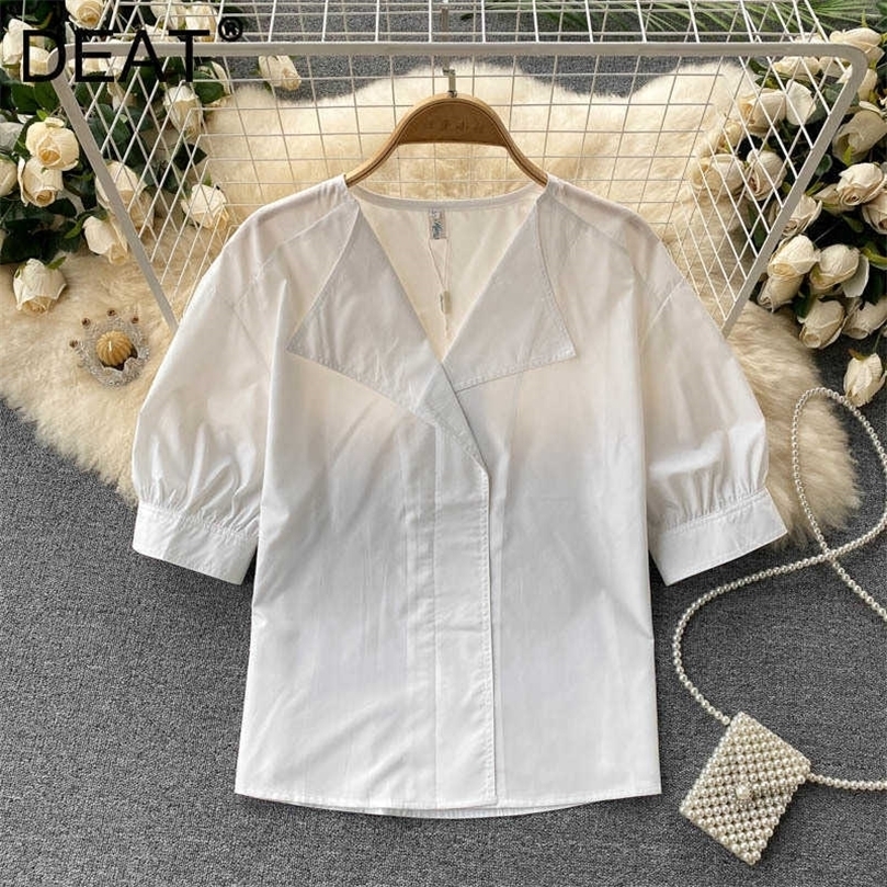 DEAT Women Simple Solid Color Shirt Lapel Short Puff Leeve Fashion Temperament Spring Summer 11D 210709, Green
DEAT Women Simple Solid Color Shirt Lapel Short Puff Leeve Fashion Temperament Spring Summer 11D 210709, Green
