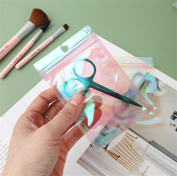 100pcs Cute Rainbow Film Laser Self Sealing Packaging Bags Resealable Jewelry Trinkets Nail Beauty Eyelashes Beads Snack Coffee Beans Hanging Hologaph