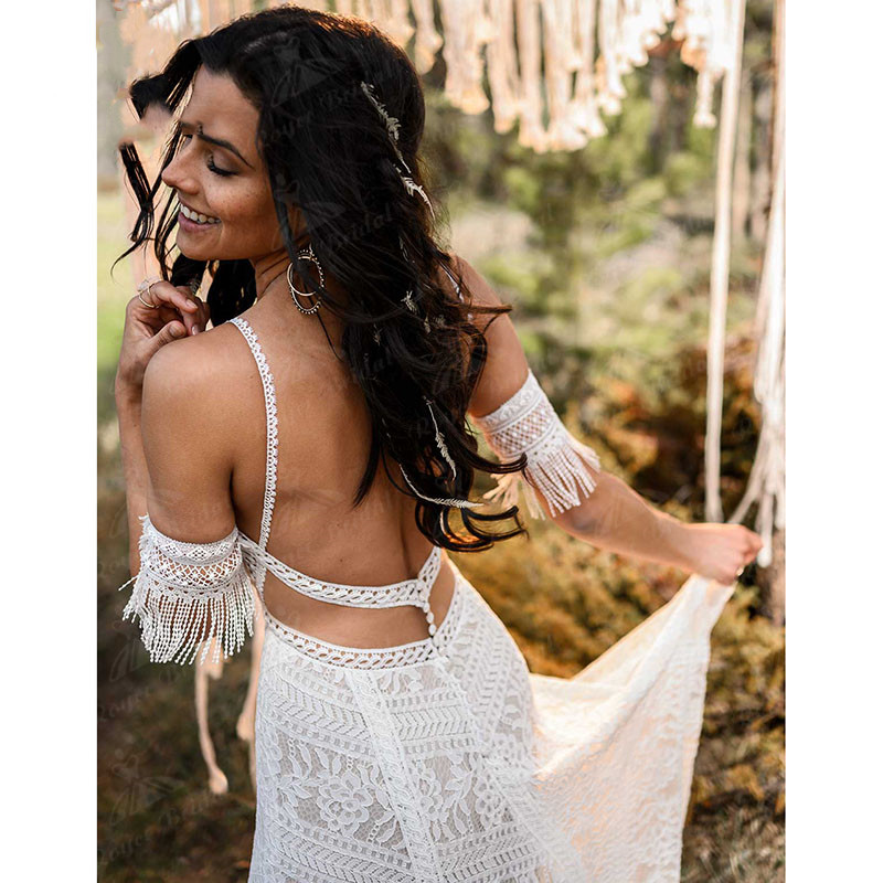 Trouwjurk Mermaid Boho Bohemian Wedding Dresses with Detachable Sleeve crochet Lace V Neck Spaghetti Straps suknia slubna syrenka 2022