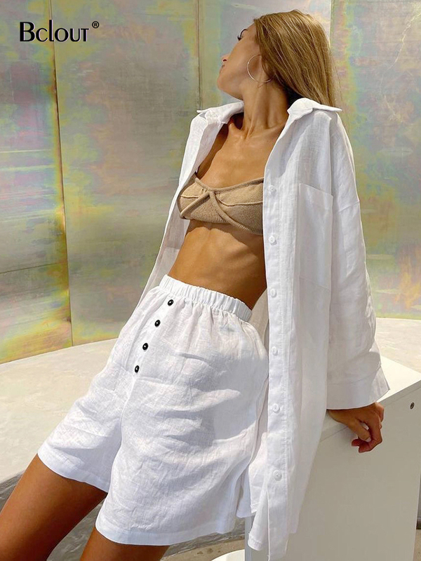 Bclout Linen Shorts 2 Piece Sets Womens Outfits White Summer Long Sleeve Loose Shirts Fashion Wide Leg Shorts Suit Woman Holiday 220521