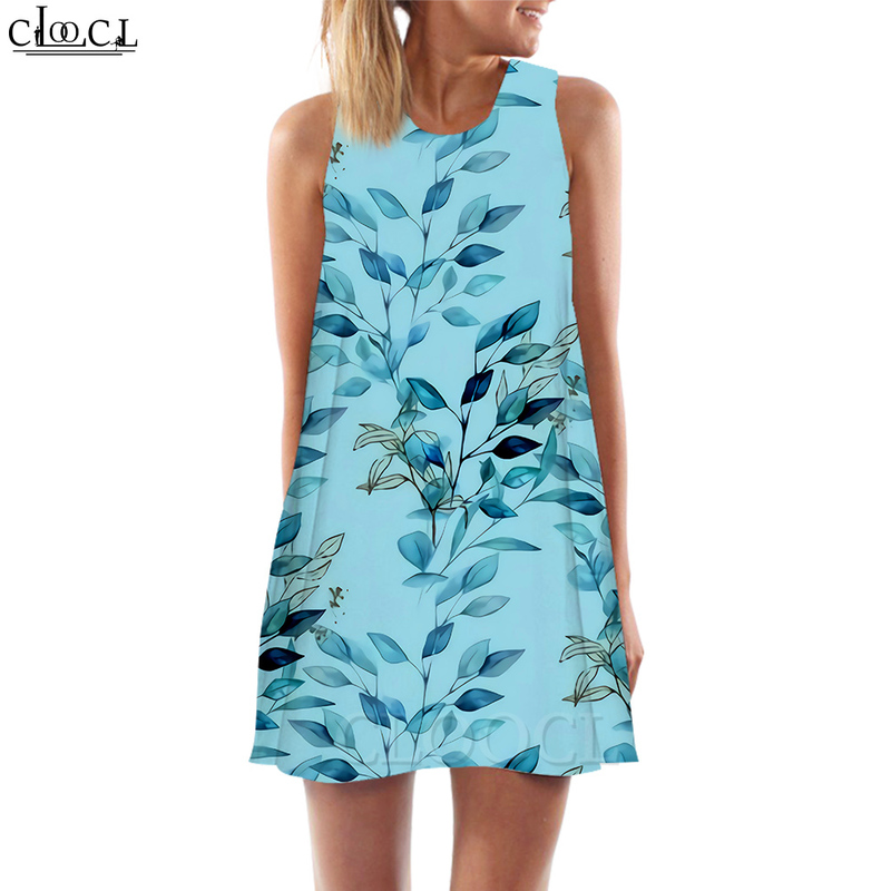 Women Tank Tops Green Leaves Graphics 3D Printed Loose Dress Short Sleeveless Dress Vest Dresses Beach Style 220616