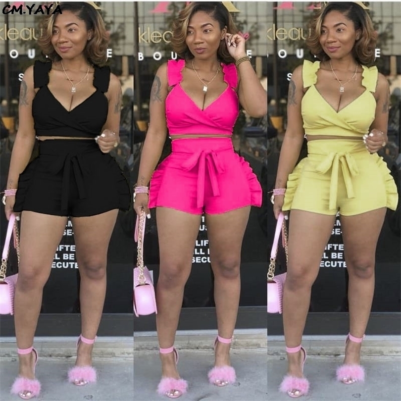 2019 women summer ruffles side splicing spaghetti strap vneck crop top & shorts suit two piece set beach tracksuit outfit L5052 T200603