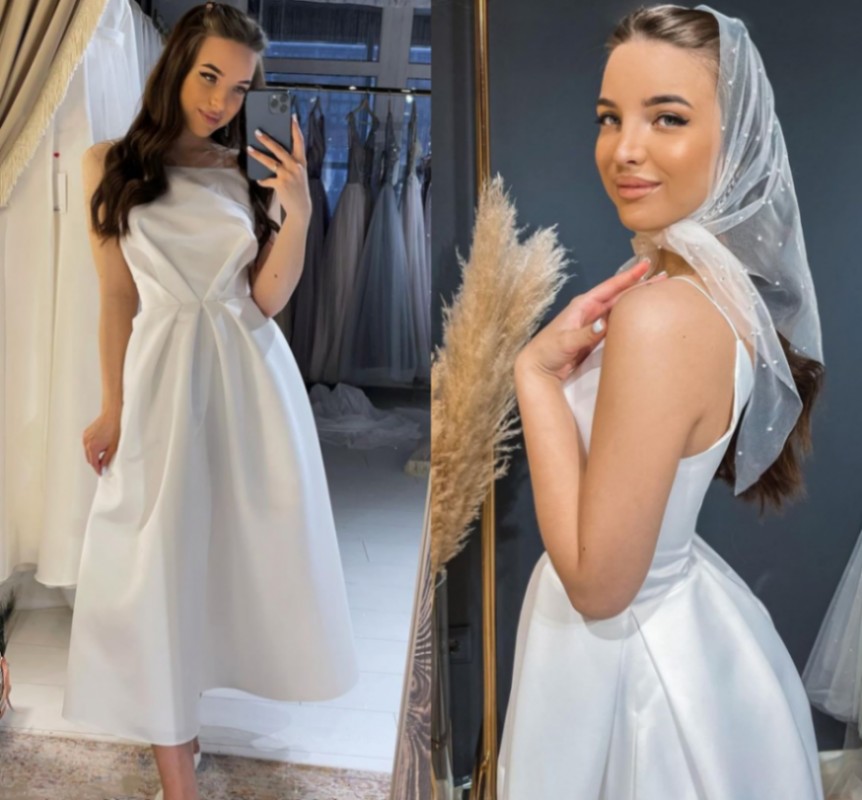 Sexy Wedding Dresses Spaghetti Straps Satin A-Line Bride Gowns 2022 Tea Length Simple Robe Mariage Vestidos De Noiva