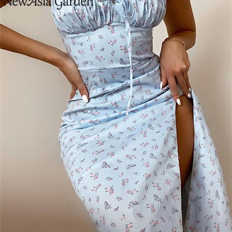 Asia Floral Summer Dress Women Spaghetti Strap Drawstring Ruched A-line Midi Dress Beach Vacation Casual Clothing 220511