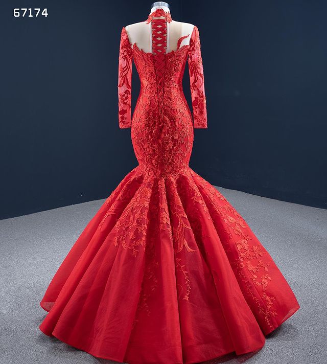 Red Applique Mermaid Prom Dresses evening gown 2022 Real Image High Neck Illusion Long Sleeve lace-up corset princess trumpet Dress