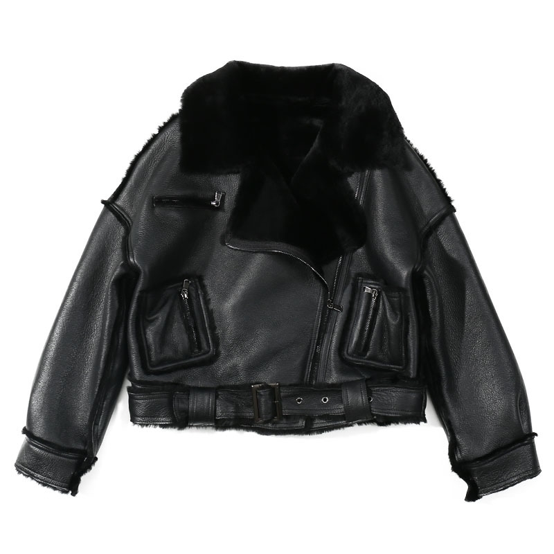 Womens Jacket Leather Sheepskin Black Moto&Biker Zip Fly Collar Lapel Neckline Winter Thick Womens Short Jacket 201030
Womens Jacket Leather Sheepskin Black Moto&Biker Zip Fly Collar Lapel Neckline Winter Thick Womens Short Jacket 201030