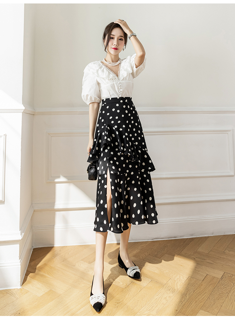 Summer new womens chiffon polka dotts dotted layered ruffles vent jag midi long skirt plus size SMLXL