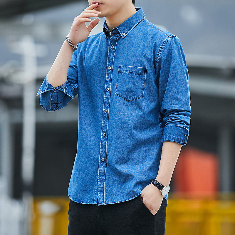 LUCLESAM Men Blue Heritage Western Denim Shirt Japanese Fashion Long Sleeve Jean Blouse chemise homme harajuku shirt 220322