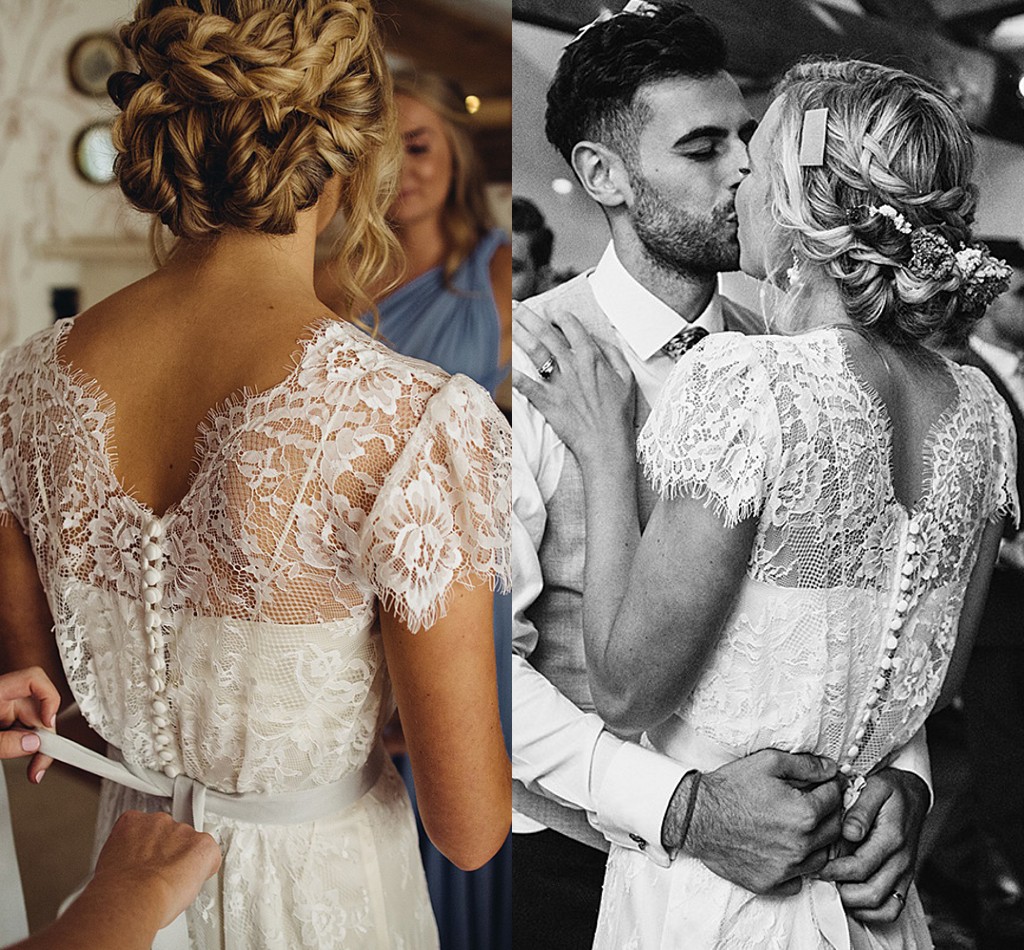 Boho Sheer Lace V-Neck Beach Wedding Dress Cap Sleeves Custom Made A Line Romantic Buttons Rustic Garden Bridal Gowns Vestido de Novia Robe Mariee