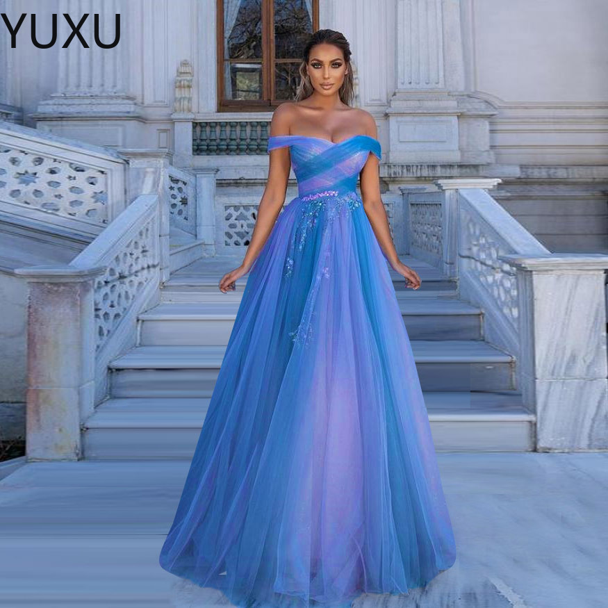 rainbow blue Long 2022 Prom Dresses Saudi Arabic Beaded Plus Size Sweep Train Evening Dress Custom Made off shoulder special party gowns