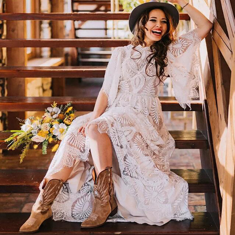 Hippie Crochet Lace Boho Wedding Dress 2022 Short Sleeve Bohemian Country Wedding Dresses Open Back Civil Beach Bride Gown Sexy Vintage Women Vestidos